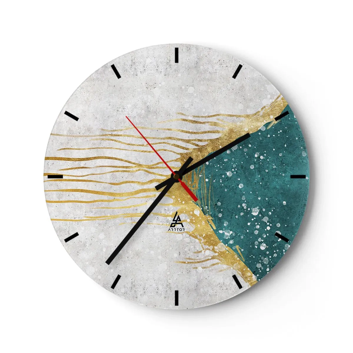 Orologio da parete - Orologio in Vetro - Linee dorate e texture turchese su sfondo bianco - 30x30cm - Flusso dorato - Decorazione murale moderna per soggiorno, cucina e camera da letto ARTTOR