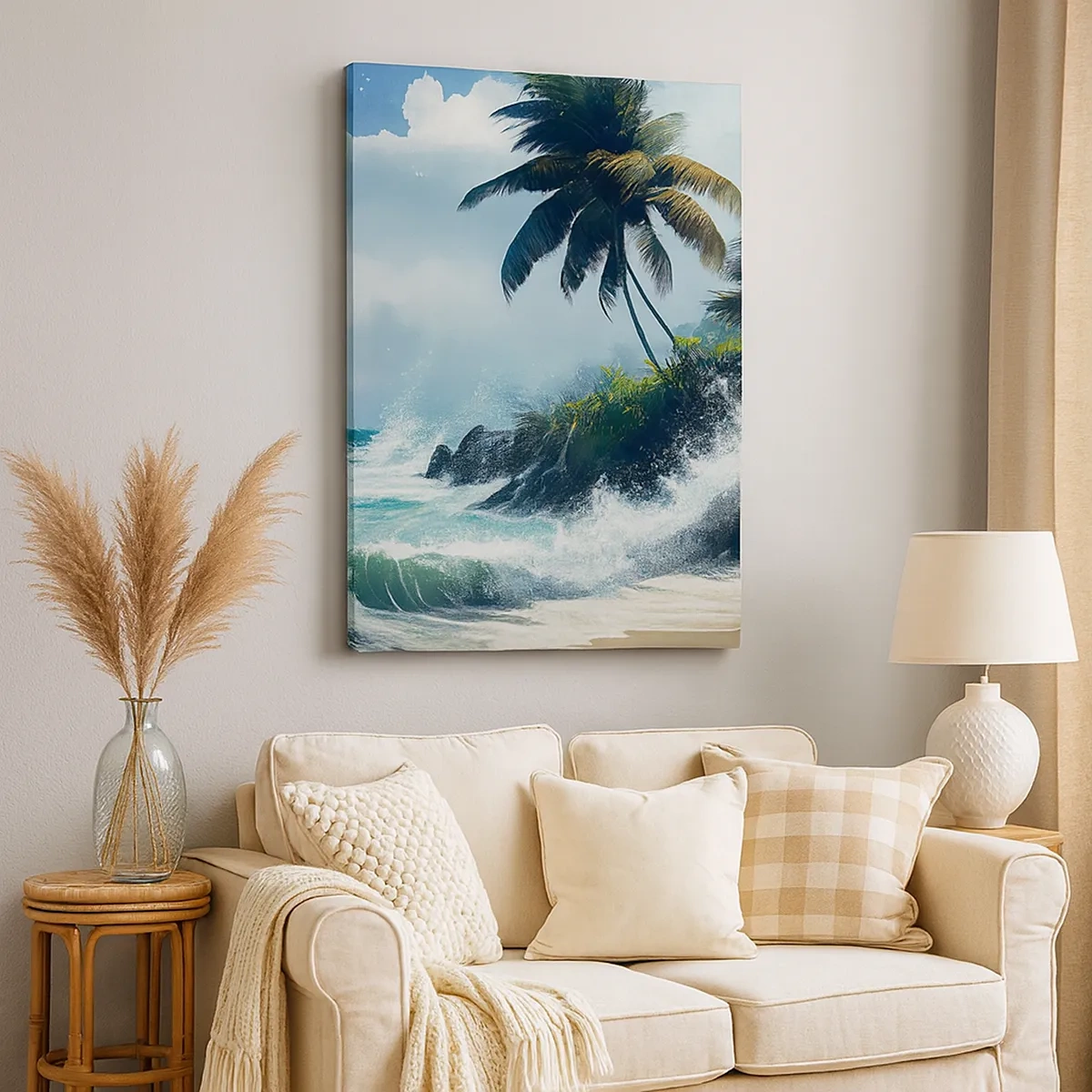 Quadro su tela - Stampe su Tela - Costa tropicale con palme e mare agitato - 50x70cm - Sulla riva tropicale - Decorazione murale moderna per soggiorno e camera da letto ARTTOR