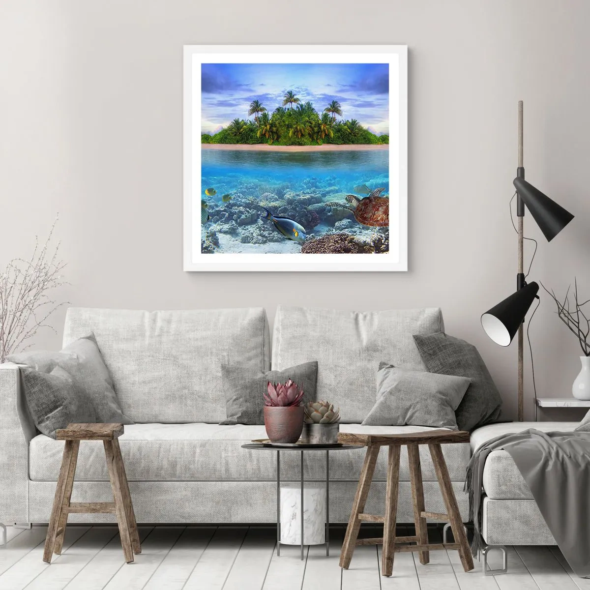 Poster in cornice bianca - L'isola del paradiso dà il benvenuto - 30x30 cm