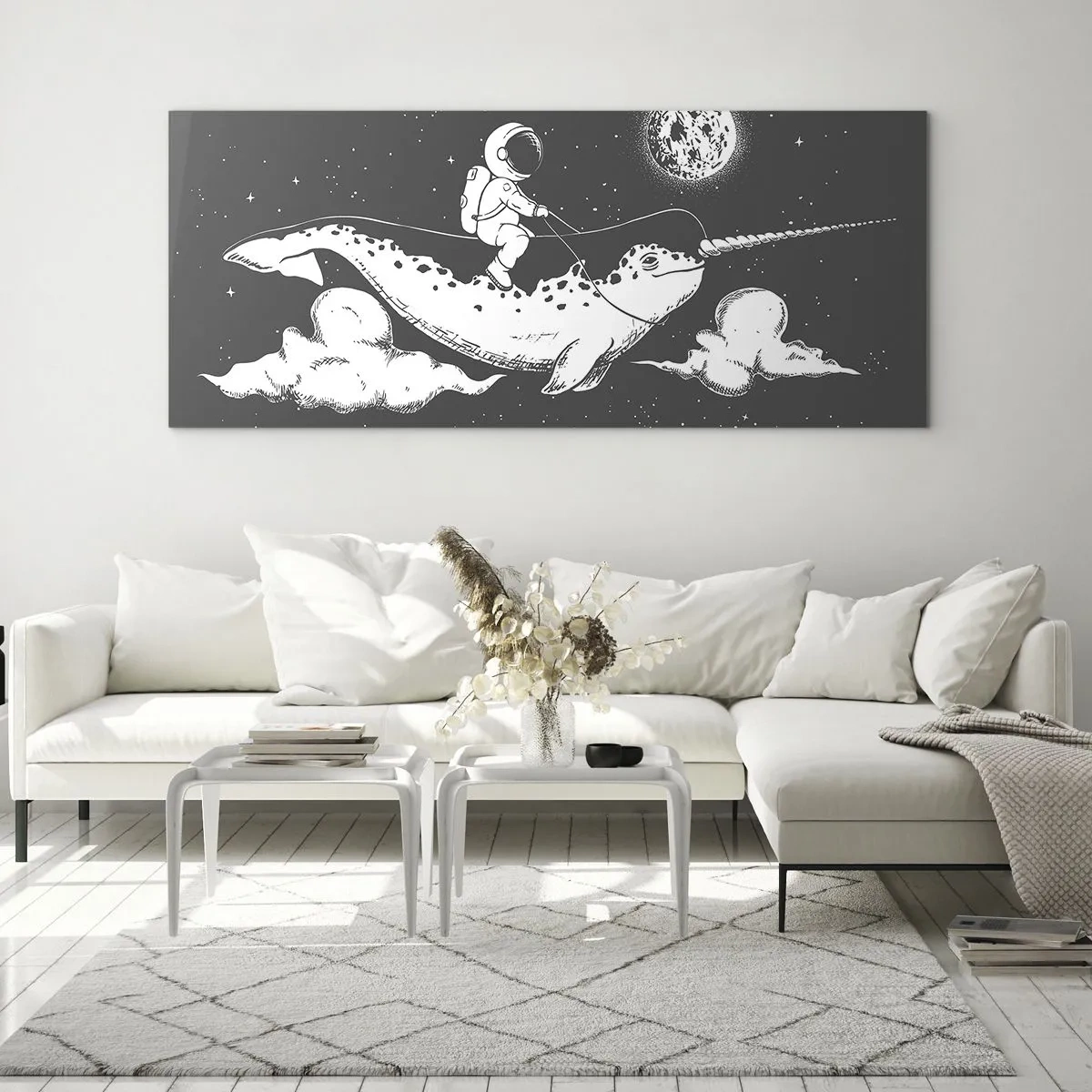 Quadro su vetro - Un astronauta sul dorso di un narvalo che fluttua in una scena spaziale. - 140x50cm - Il cavaliere dello spazio - Decorazione murale moderna per soggiorno e camera da letto ARTTOR