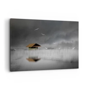 Quadro su tela - Stampe su Tela - Un cottage solitario sull'acqua circondato da nebbia e uccelli - 120x80cm - Riparo dalla pioggia - Decorazione murale moderna per soggiorno e camera da letto ARTTOR