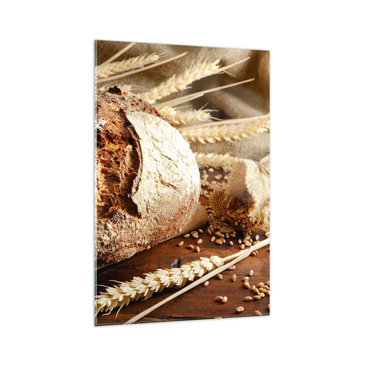 Quadro su vetro - Pane croccante con cereali e spighe di grano su fondo in legno - 70x100cm - Appetitoso, profumato, croccante - Decorazione murale moderna per soggiorno e camera da letto ARTTOR