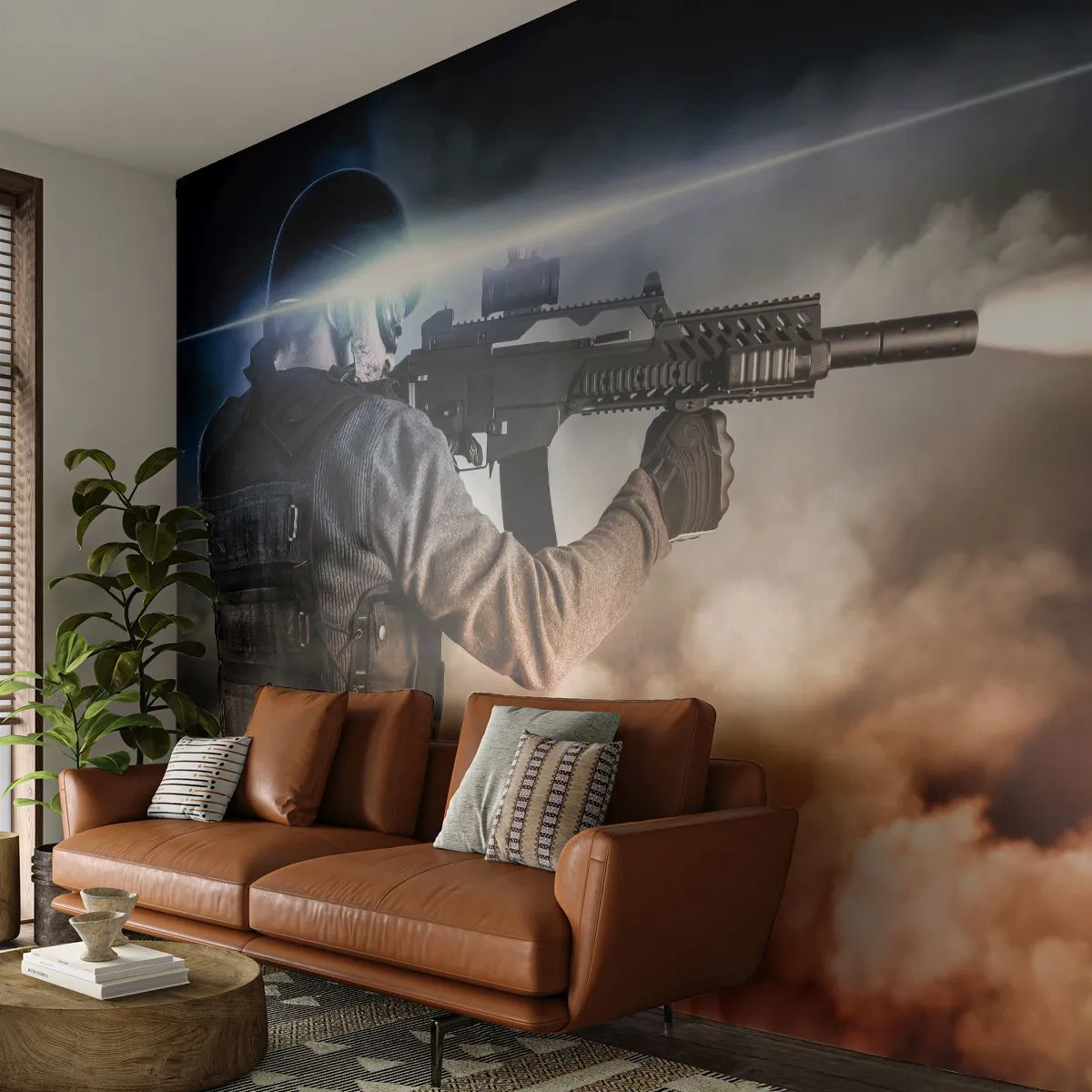 Fotomurali Premium Sand - Un soldato in azione con un'arma in una scena dinamica - 100x70cm - Semplicemente un eroe - Decorazione murale moderna per soggiorno e camera da letto ARTTOR