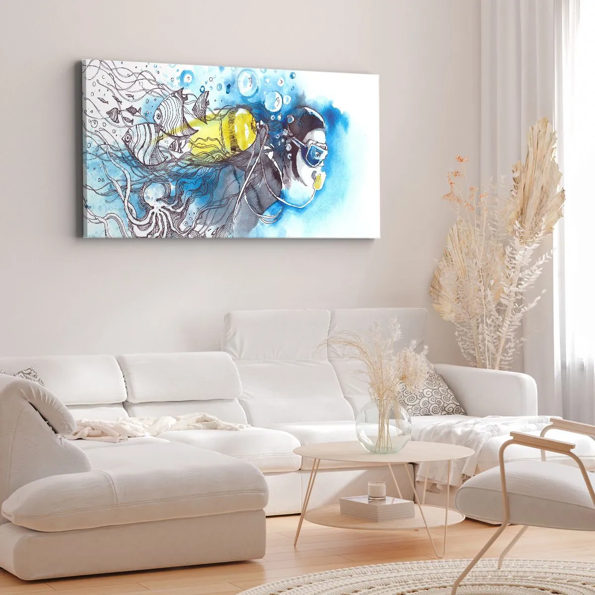 Quadro su tela - Stampe su Tela - Scena subacquea con un subacqueo e pesci esotici - 160x50cm - Il grande blu - Decorazione murale moderna per soggiorno e camera da letto ARTTOR
