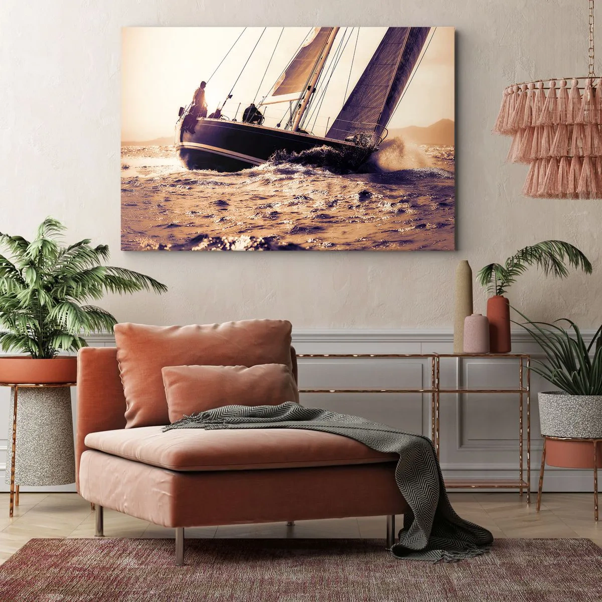 Quadro su tela - Stampe su Tela - Uno yacht in mare in tempesta alla luce del sole al tramonto - 120x80cm - Naviga, marinaio - Decorazione murale moderna per soggiorno e camera da letto ARTTOR