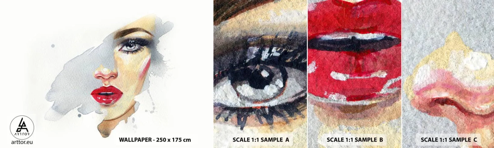 Campione di Fotomurale Adesivo Deluxe Sticker - Riflesso in una goccia d'acqua - Volto di donna, Donna, labbra rosse - 100x30 cm