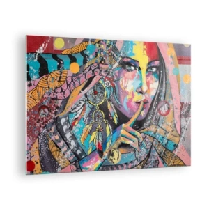 Quadro su vetro - Ritratto colorato di una donna con motivi etnici e piume - 70x50cm - Taci, finché capirai - Decorazione murale moderna per soggiorno e camera da letto ARTTOR