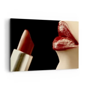 Quadro su tela - Stampe su Tela - Labbra rosse e rossetto su sfondo nero - 120x80cm - Sensualità e splendore del carminio - Decorazione murale moderna per soggiorno e camera da letto ARTTOR