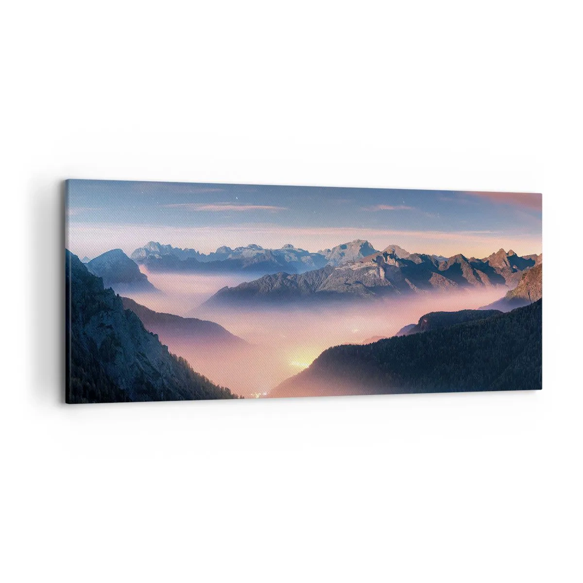 Quadro su tela - Stampe su Tela - Un paesaggio montano con una valle piena di nebbia - 120x50cm - La luce nelle valli - Decorazione murale moderna per soggiorno e camera da letto ARTTOR