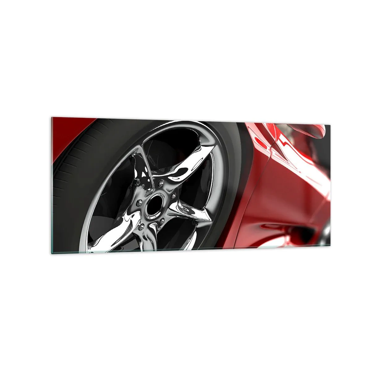 Quadro su vetro - Auto sportiva rossa con cerchi cromati - 120x50cm - Fatta per la velocità - Decorazione murale moderna per soggiorno e camera da letto ARTTOR