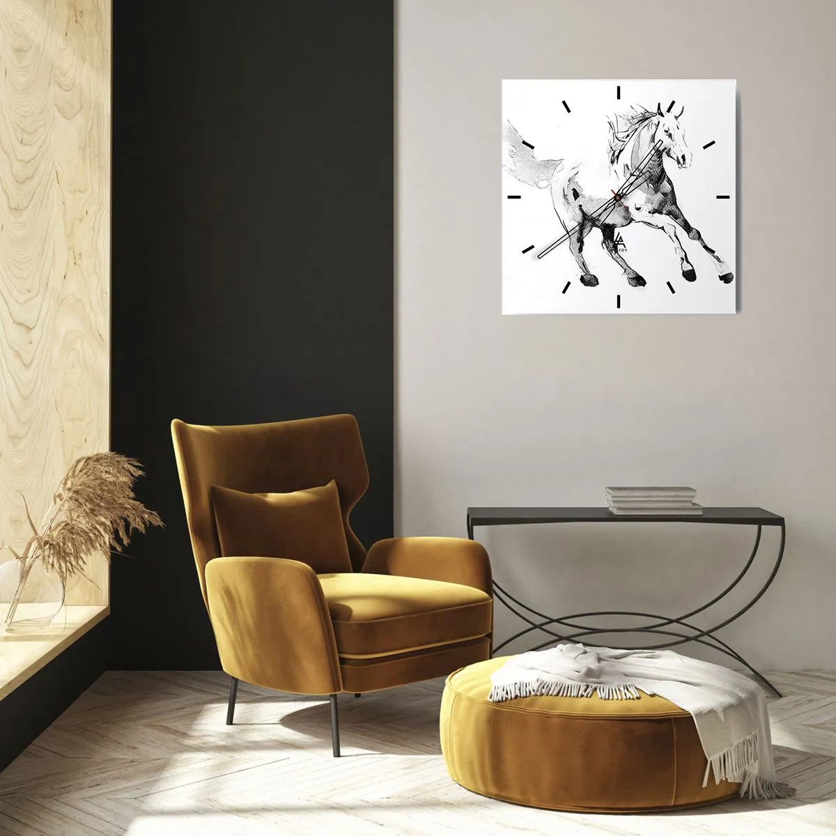 Orologio da parete - Orologio in Vetro - Schizzo di un cavallo al galoppo nei toni del bianco e nero - 30x30cm - Anima indomabile - Decorazione murale moderna per soggiorno e camera da letto ARTTOR