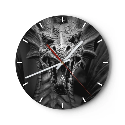 Orologio da parete - Orologio in Vetro - Una minacciosa testa di drago in stile bianco e nero - 30x30cm - Drago favoloso in grigio - Decorazione murale moderna per soggiorno, cucina e camera da letto ARTTOR
