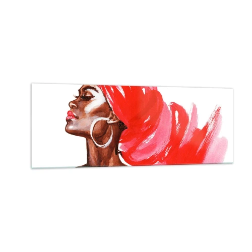 Quadro su vetro - Profilo di una donna con turbante rosso e orecchini - 140x50cm - C'è un vento che allarga le narici dell'uomo - Decorazione murale moderna per soggiorno e camera da letto ARTTOR