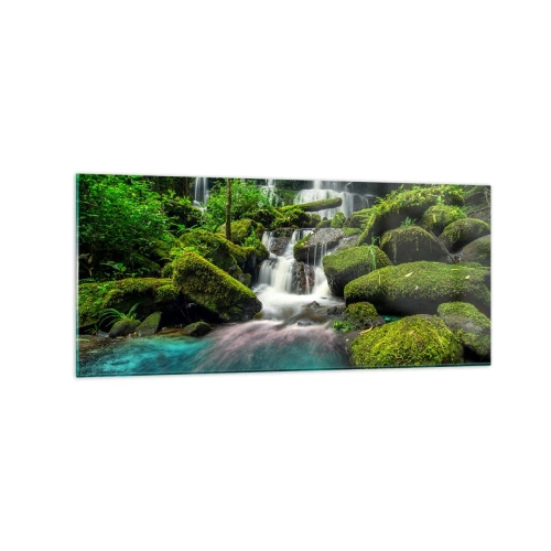 Quadro su vetro - Una cascata tropicale circondata dal verde e dall'acqua turchese - 120x50cm - Turchese, zaffiro e argento liquido - Decorazione murale moderna per soggiorno e camera da letto ARTTOR