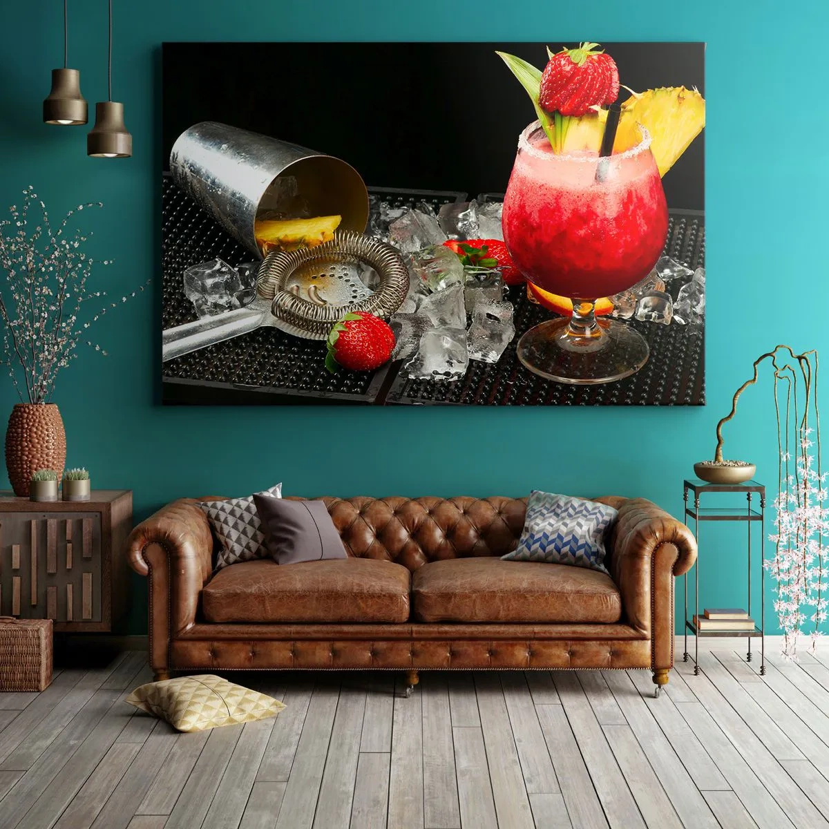 Quadro su tela - Stampe su Tela - Un cocktail colorato con fragole, ghiaccio e ananas - 120x80cm - Incantare il gusto - Decorazione murale moderna per soggiorno e camera da letto ARTTOR