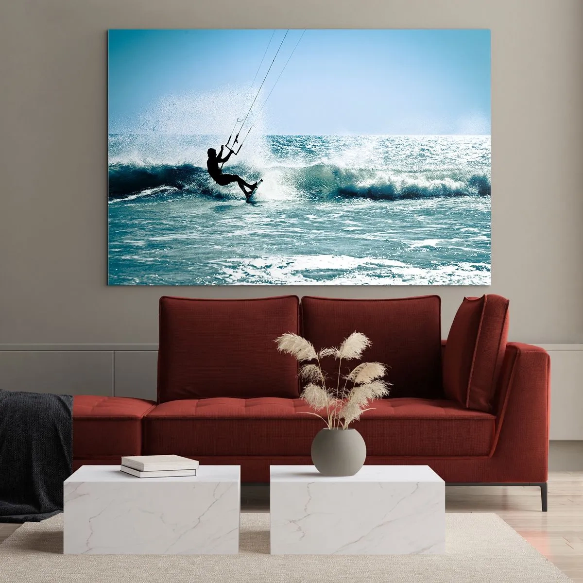 Quadro su vetro - Kitesurfer sulle onde dell'oceano in una giornata di sole - 100x70cm - Fatti sollevare - Decorazione murale moderna per soggiorno e camera da letto ARTTOR