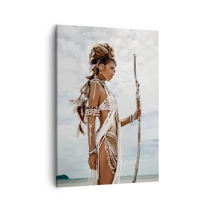 Quadro su tela - Stampe su Tela - Donna stilizzata sulla spiaggia con ornamenti etnici e un bastone - 50x70cm - La regina dei tropici - Decorazione murale moderna per soggiorno e camera da letto ARTTOR