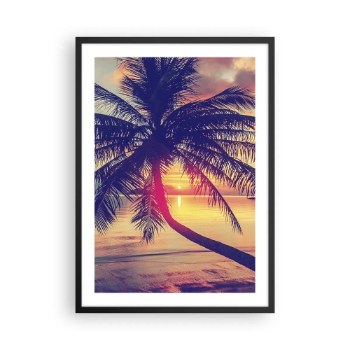 Poster in cornice nera - Palma al tramonto con vista su un mare calmo - 50x70cm - Sera sotto le palme - Decorazione murale moderna per soggiorno e camera da letto ARTTOR