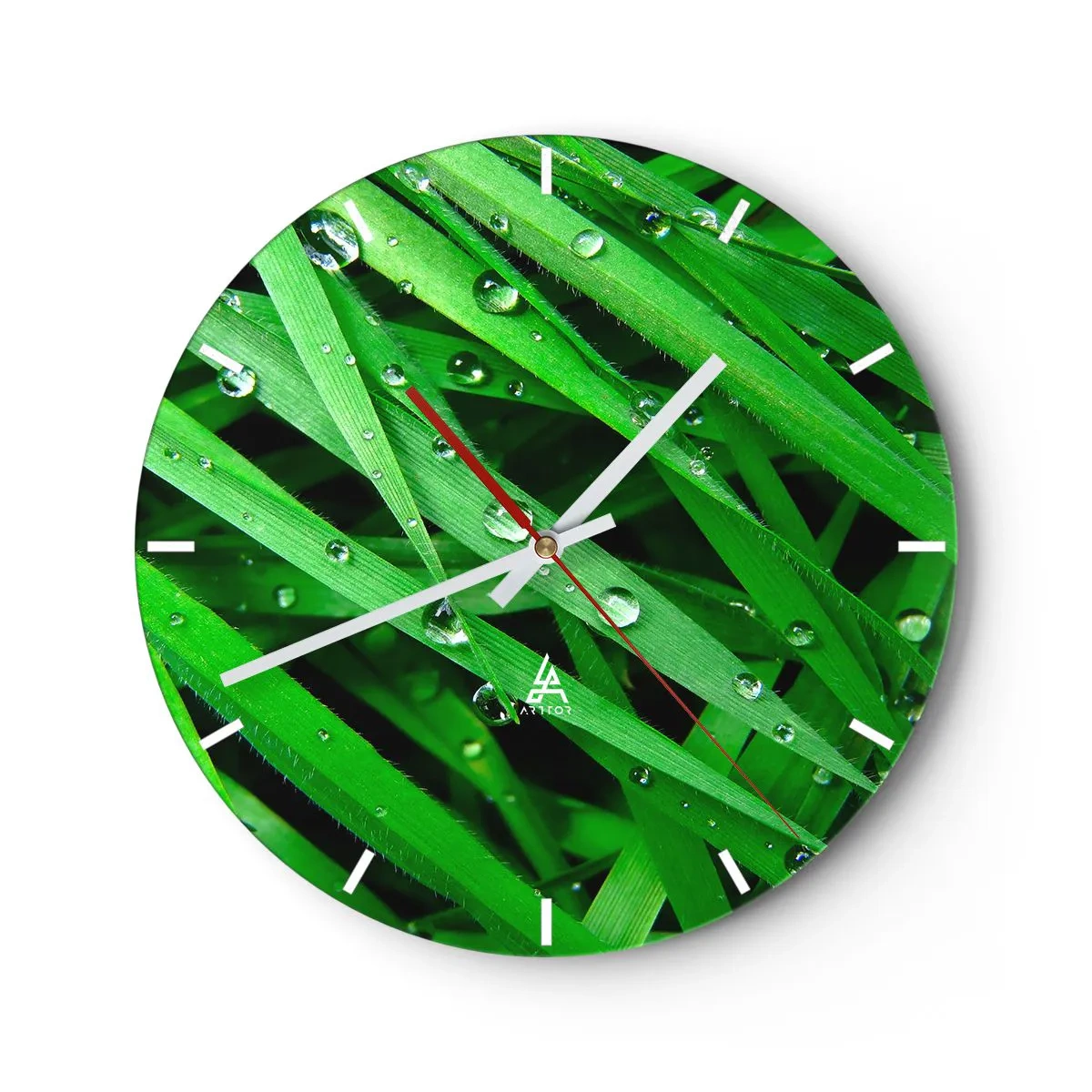 Orologio da parete - Orologio in Vetro - Primo piano di foglie verdi ricoperte di gocce d'acqua - 30x30cm - Giocando con il verde - Decorazione murale moderna per soggiorno, cucina e camera da letto ARTTOR