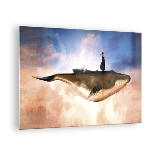 Quadro su vetro - Una balena fantastica che fluttua tra le nuvole con una donna sul dorso. - 70x50cm - Viaggio surreale - Decorazione murale moderna per soggiorno e camera da letto ARTTOR
