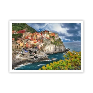 Poster - Case colorate su una scogliera a picco sul mare nelle Cinque Terre - 100x70cm - Aggrappate alla roccia - Decorazione murale moderna per soggiorno e camera da letto ARTTOR