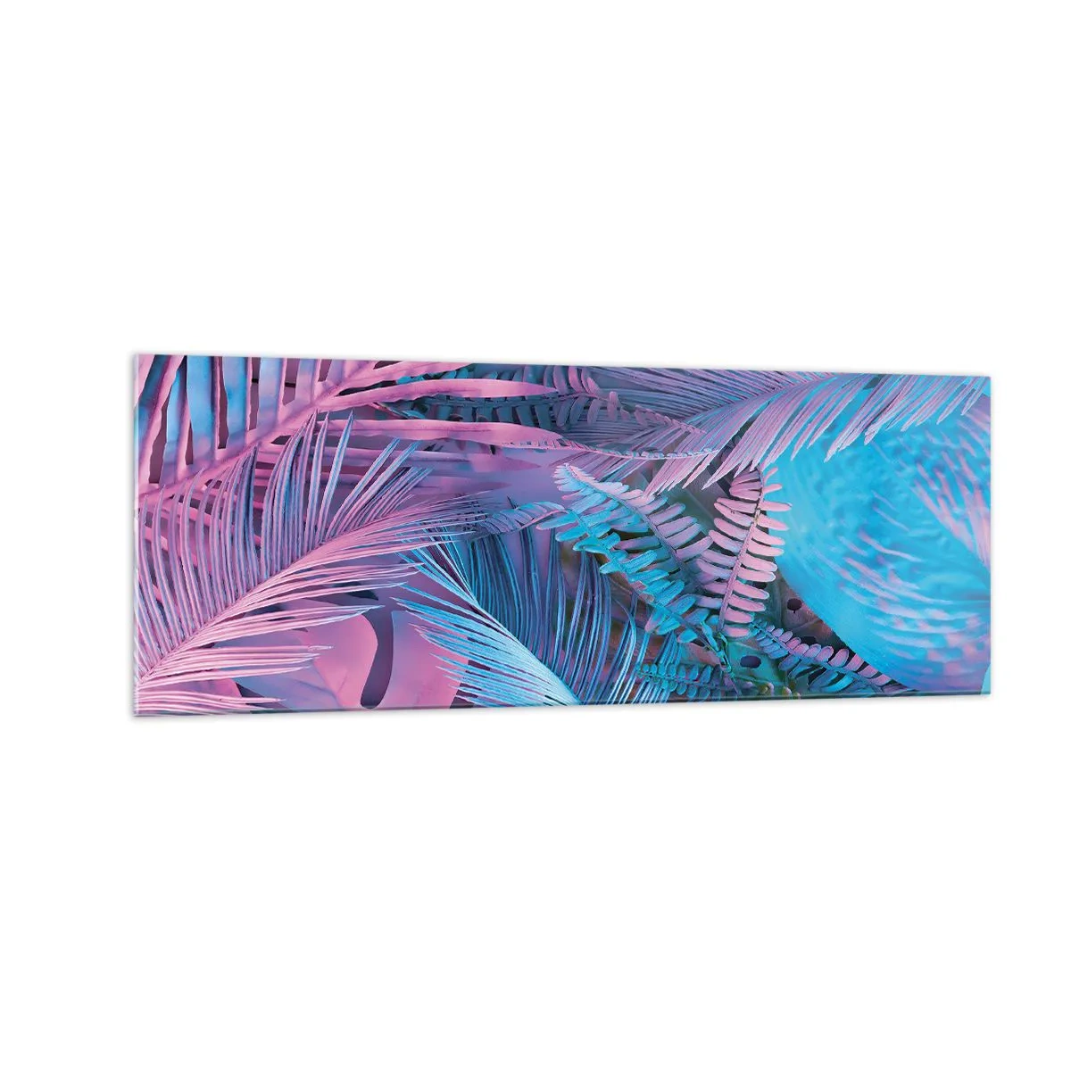 Quadro su vetro - Foglie tropicali nelle tonalità del rosa e del blu - 140x50cm - Tropici in rosa e blu - Decorazione murale moderna per soggiorno e camera da letto ARTTOR