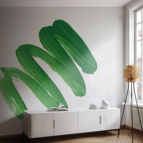 Fotomurali Premium Sand - Pennellata verde su sfondo bianco in stile astratto - 100x70cm - Scherzo verde - Decorazione murale moderna per soggiorno e camera da letto ARTTOR