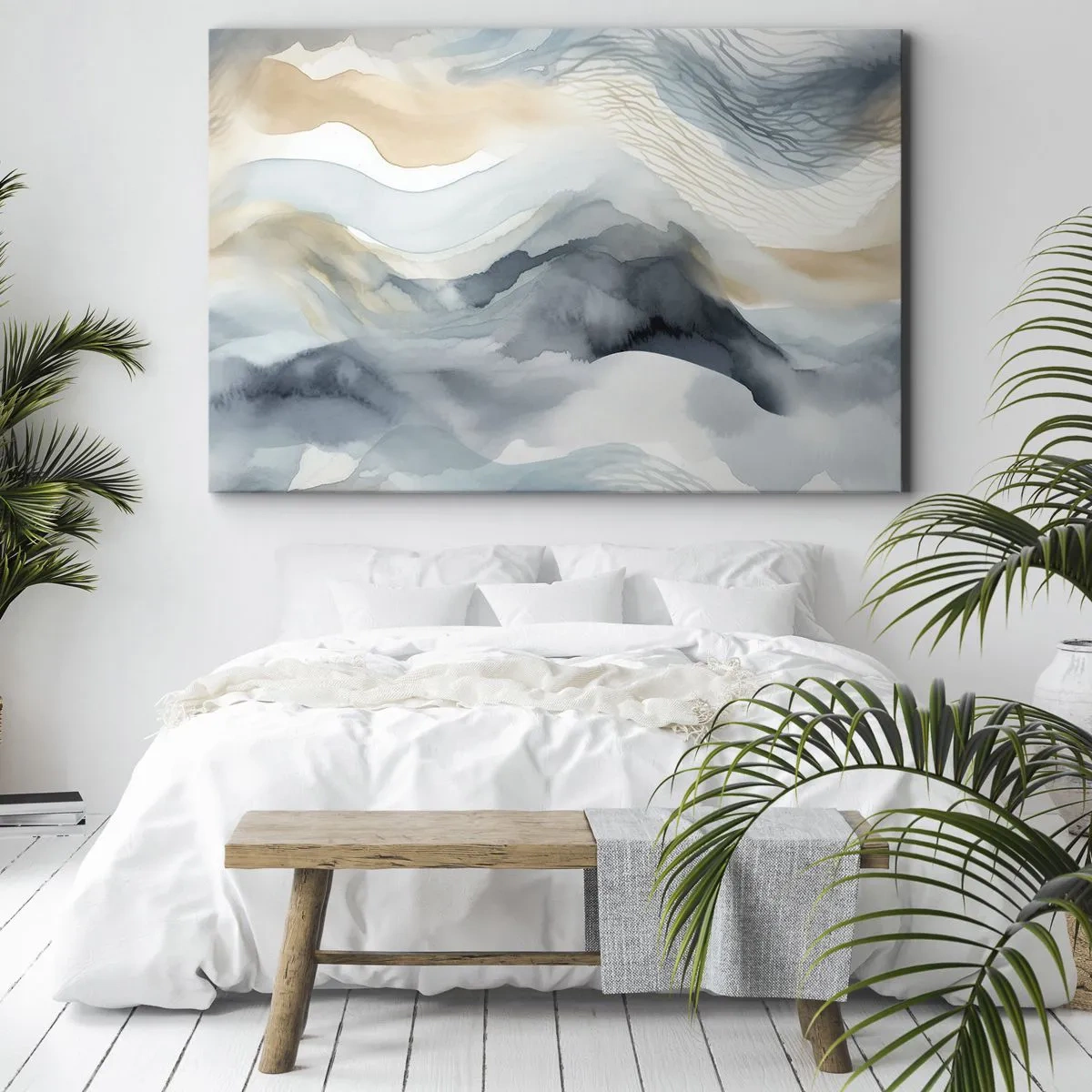 Quadro su tela - Stampe su Tela - Una delicata astrazione con un motivo di montagna in tonalità pastello. - 100x70cm - Astrazione nevosa e nebbiosa - Decorazione murale moderna per soggiorno e camera da letto ARTTOR