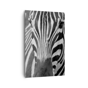 Quadro su tela - Stampe su Tela - Primo piano in bianco e nero di una zebra con le sue strisce distintive. - 80x120cm - Il mondo è in bianco e nero - Decorazione murale moderna per soggiorno e camera da letto ARTTOR