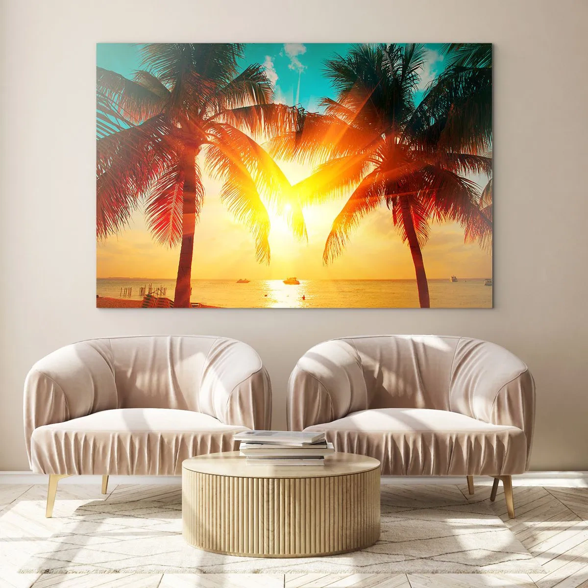 Quadro su vetro - Palme illuminate dal sole su una spiaggia tropicale - 120x80cm - Coppia esotica - Decorazione murale moderna per soggiorno e camera da letto ARTTOR
