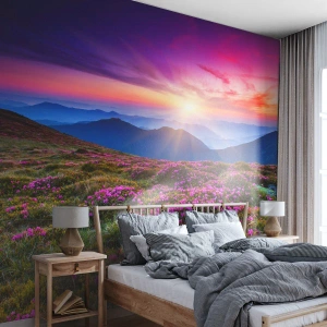 Fotomurali Premium Sand - Paesaggio montano con fiori viola al tramonto - 100x70cm - Il profumo dei fiori freschi del campo - Decorazione murale moderna per soggiorno e camera da letto ARTTOR