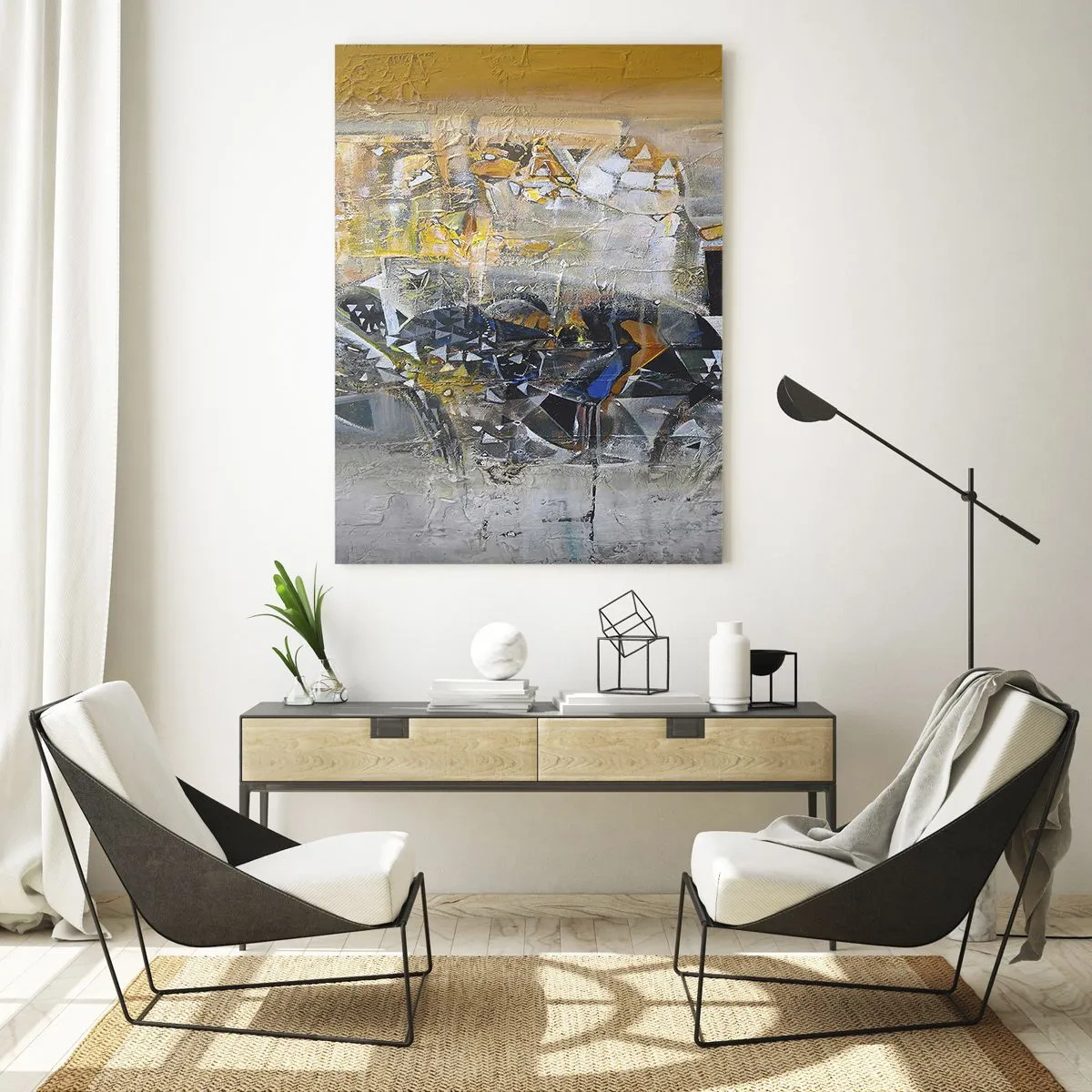 Quadro su vetro - Astrazione con tonalità dominanti di giallo e grigio - 70x100cm - Tutto andrà bene - Decorazione murale moderna per soggiorno e camera da letto ARTTOR