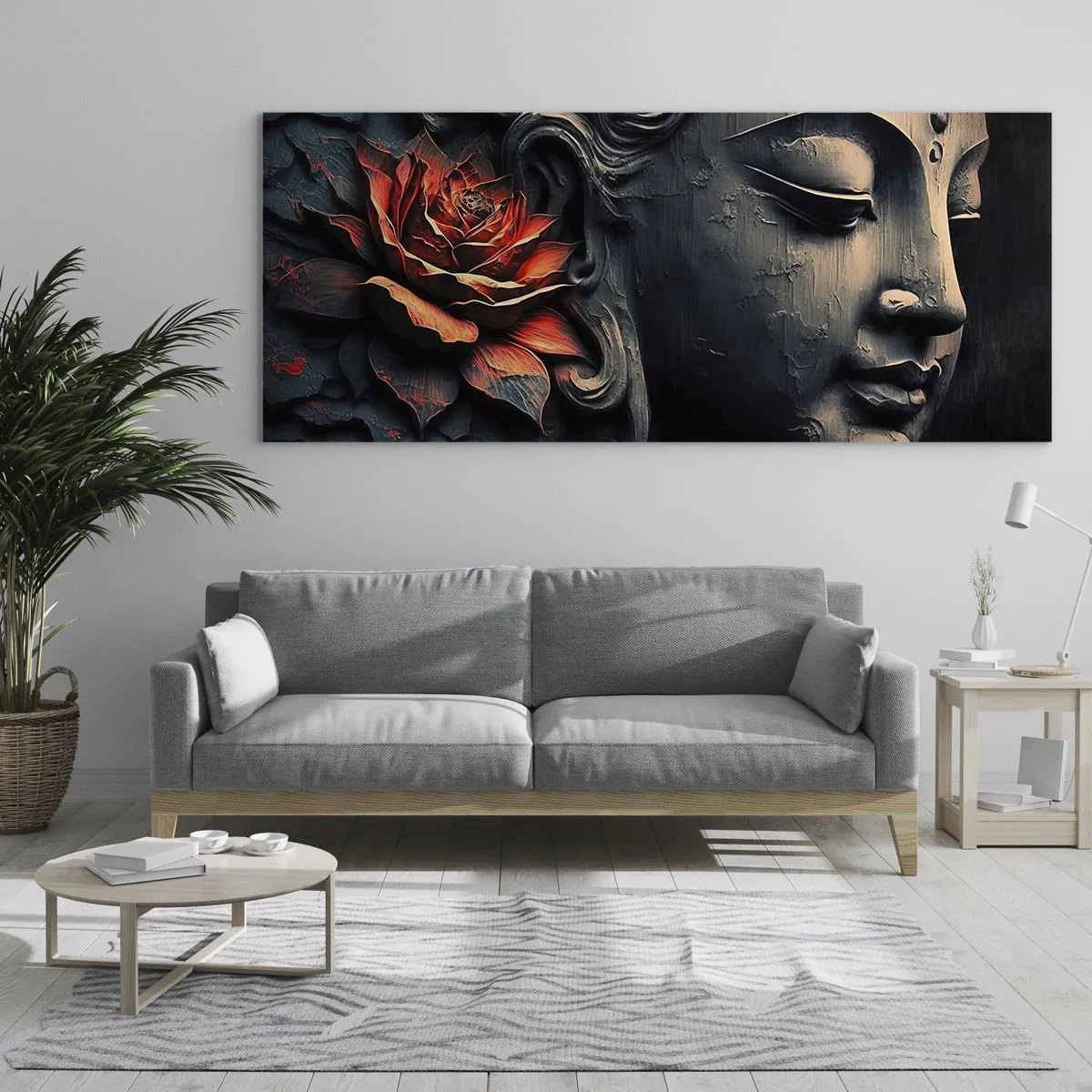 Quadro su vetro - Scultura del Buddha con un fiore di loto rosso - 160x50cm - In armonia con il mondo - Decorazione murale moderna per soggiorno e camera da letto ARTTOR