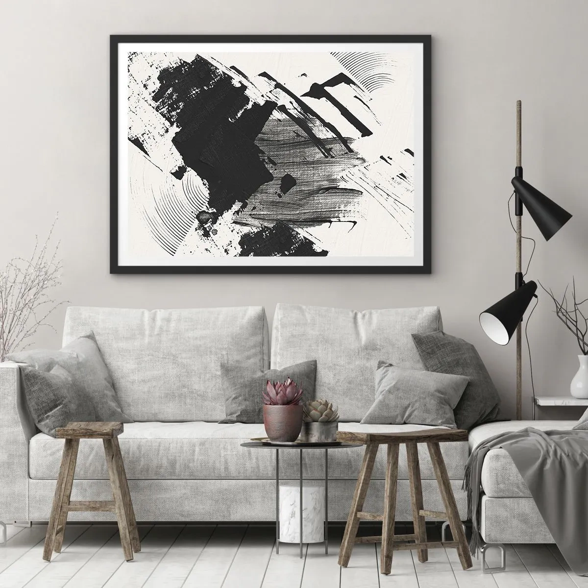Poster in cornice nera - Pennellate astratte di nero su sfondo bianco - 70x50cm - Astrazione: espressione di nero - Decorazione murale moderna per soggiorno e camera da letto ARTTOR