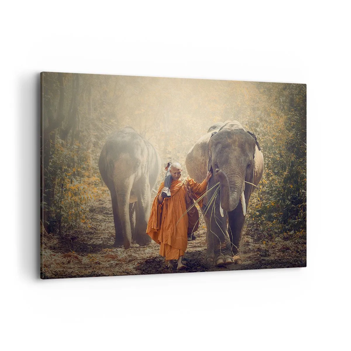 Quadro su tela - Stampe su Tela - Un monaco con una tunica arancione guida un elefante nella foresta. - 100x70cm - Comprensione perfetta - Decorazione murale moderna per soggiorno e camera da letto ARTTOR
