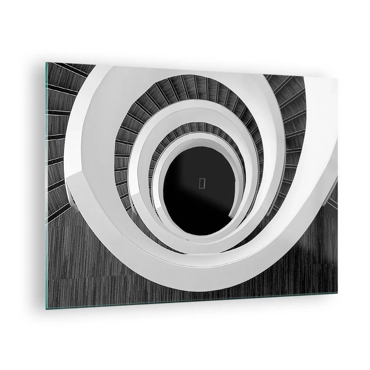 Quadro su vetro - Scala a chiocciola in bianco e nero vista dall'alto - 70x50cm - Verso l'essenza delle cose - Decorazione murale moderna per soggiorno e camera da letto ARTTOR