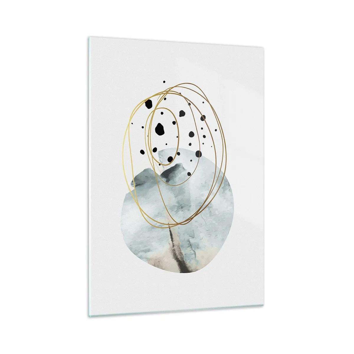 Quadro su vetro - Composizione astratta con una macchia blu e linee dorate - 50x70cm - Nell'abbraccio dello spazio - Decorazione murale moderna per soggiorno e camera da letto ARTTOR