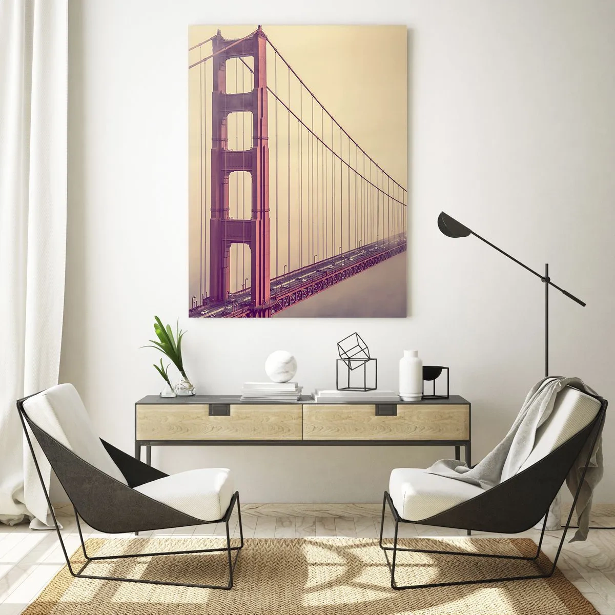 Quadro su vetro - Il Golden Gate Bridge di San Francisco in un paesaggio nebbioso - 50x70cm - Tra il cielo e la terra - Decorazione murale moderna per soggiorno e camera da letto ARTTOR