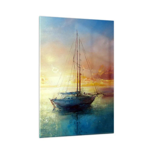 Quadro su vetro - Uno yacht su un mare calmo al tramonto - 80x120cm - Nella baia dorata - Decorazione murale moderna per soggiorno e camera da letto ARTTOR