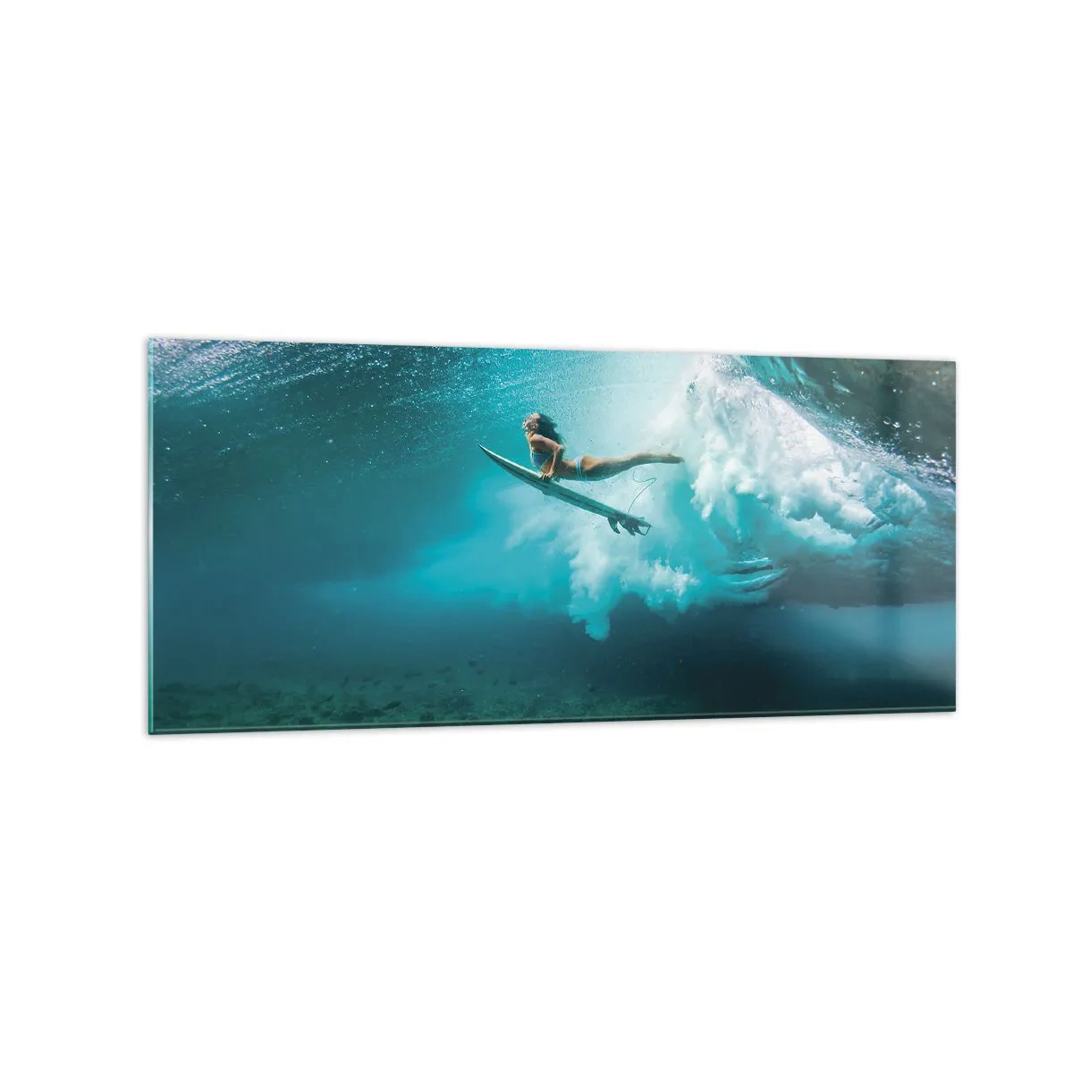 Quadro su vetro - Surfista sotto un'onda nell'acqua blu dell'oceano - 120x50cm - Mondo subacqueo - Decorazione murale moderna per soggiorno e camera da letto ARTTOR