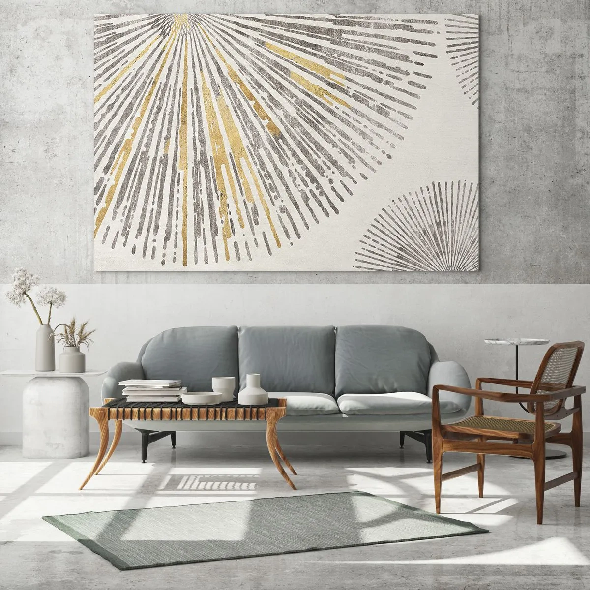 Quadro su vetro - Linee radiali nei toni dell'oro e del grigio su uno sfondo chiaro - 70x50cm - La bellezza dei raggi - Decorazione murale moderna per soggiorno e camera da letto ARTTOR