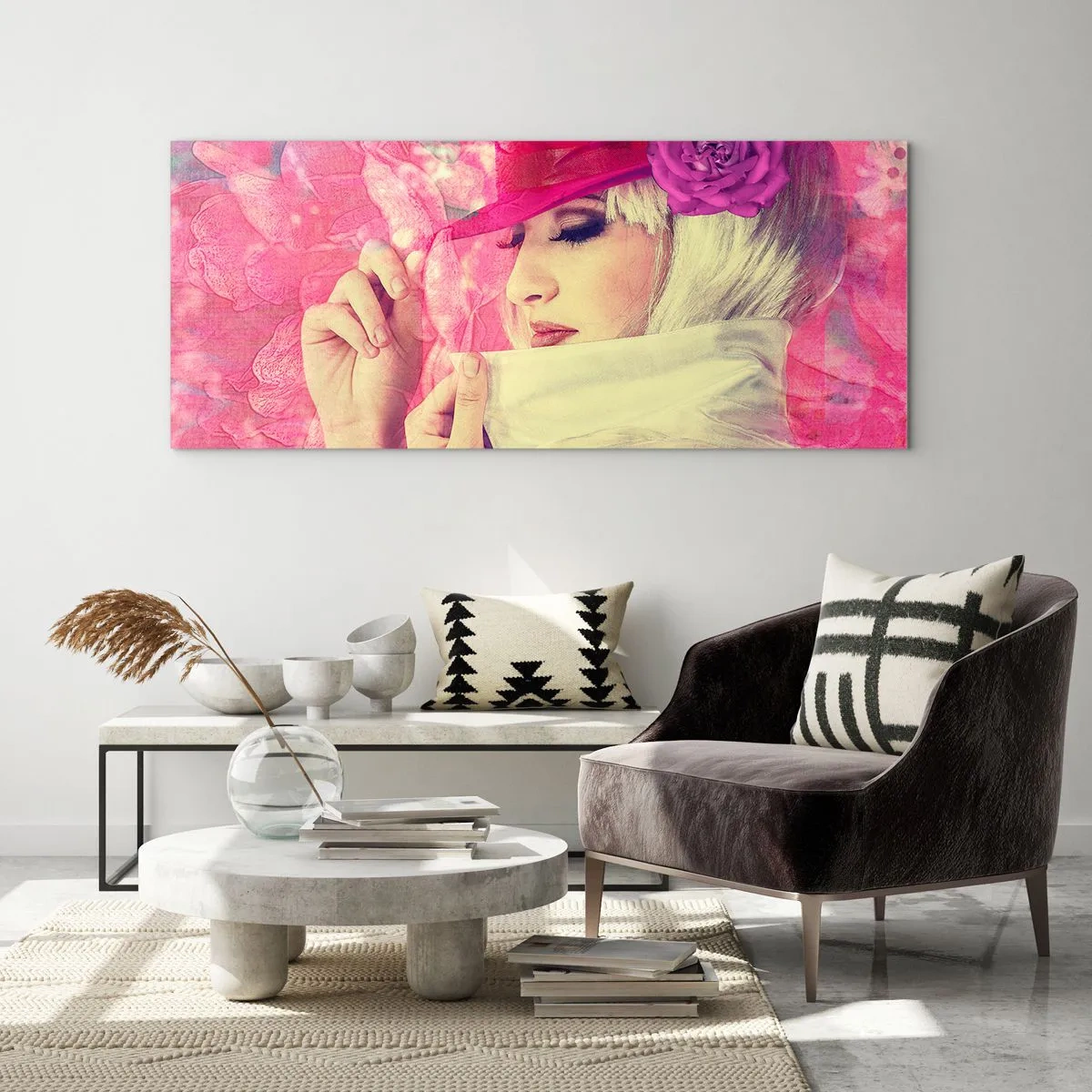 Quadro su vetro - Ritratto retro nei vapori di rosa - 100x40 cm