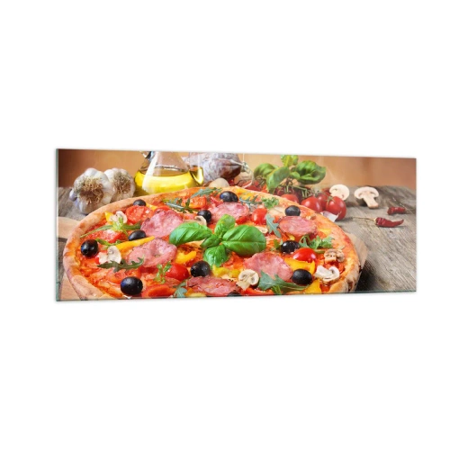 Quadro su vetro - Pizza appetitosa su un tavolo di legno con condimenti - 140x50cm - Con gusto veramente italiano - Decorazione murale moderna per soggiorno e camera da letto ARTTOR