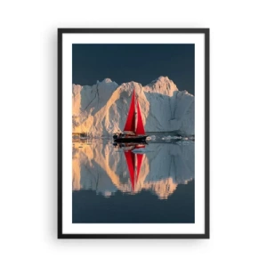 Poster in cornice nera - La vela rossa di una barca sullo sfondo di ghiacciai e acque calme - 50x70cm - Ai confini del mondo - Decorazione murale moderna per soggiorno e camera da letto ARTTOR