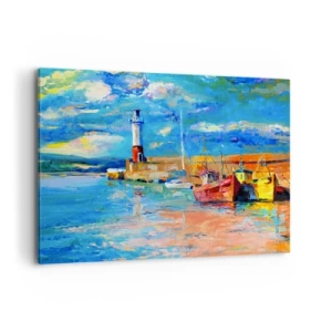Quadro su tela - Stampe su Tela - Porto di pescatori con barche e un faro dai colori vivaci - 100x70cm - Pomeriggio nell'insenatura multicolore - Decorazione murale moderna per soggiorno e camera da letto ARTTOR