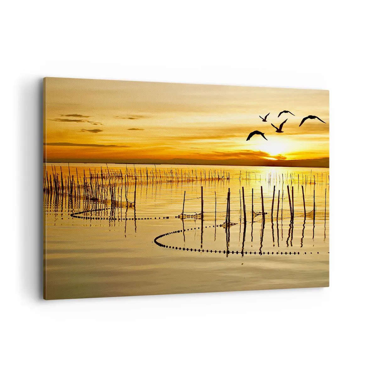Quadro su tela - Stampe su Tela - Tramonto sull'acqua con uccelli in volo - 100x70cm - Alla pesca - Decorazione murale moderna per soggiorno e camera da letto ARTTOR
