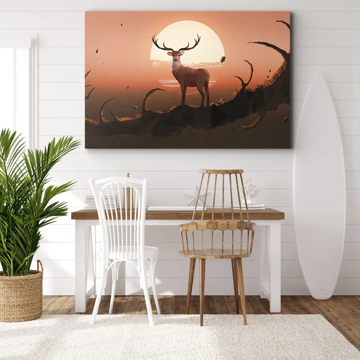Quadro su tela - Stampe su Tela - Un cervo sullo sfondo del sole al tramonto e di un paesaggio surreale - 120x80cm - Questa notte è diversa dalle altre - Decorazione murale moderna per soggiorno e camera da letto ARTTOR