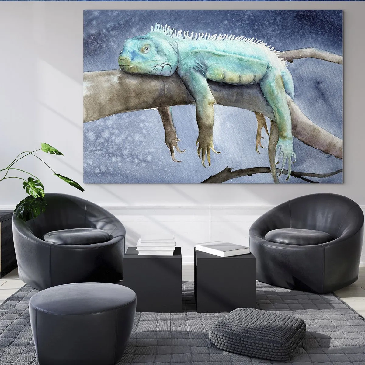 Quadro su vetro - Iguana blu sdraiata su un ramo in stile acquerello - 70x50cm - Va tutto bene! - Decorazione murale moderna per soggiorno e camera da letto ARTTOR