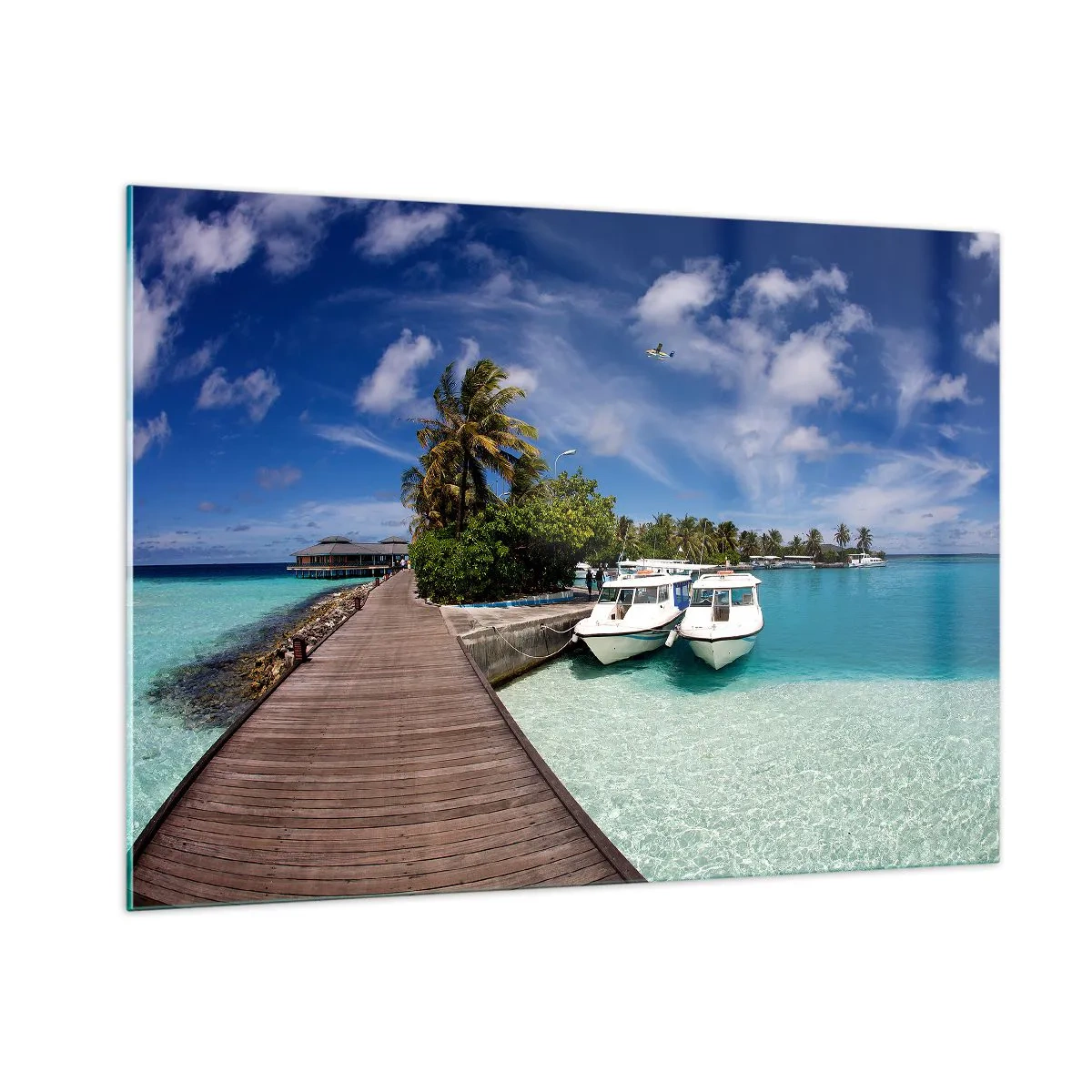 Quadro su vetro - Molo esotico, barche e acqua turchese - 100x70cm - Il paradiso esiste davvero - Decorazione murale moderna per soggiorno e camera da letto ARTTOR