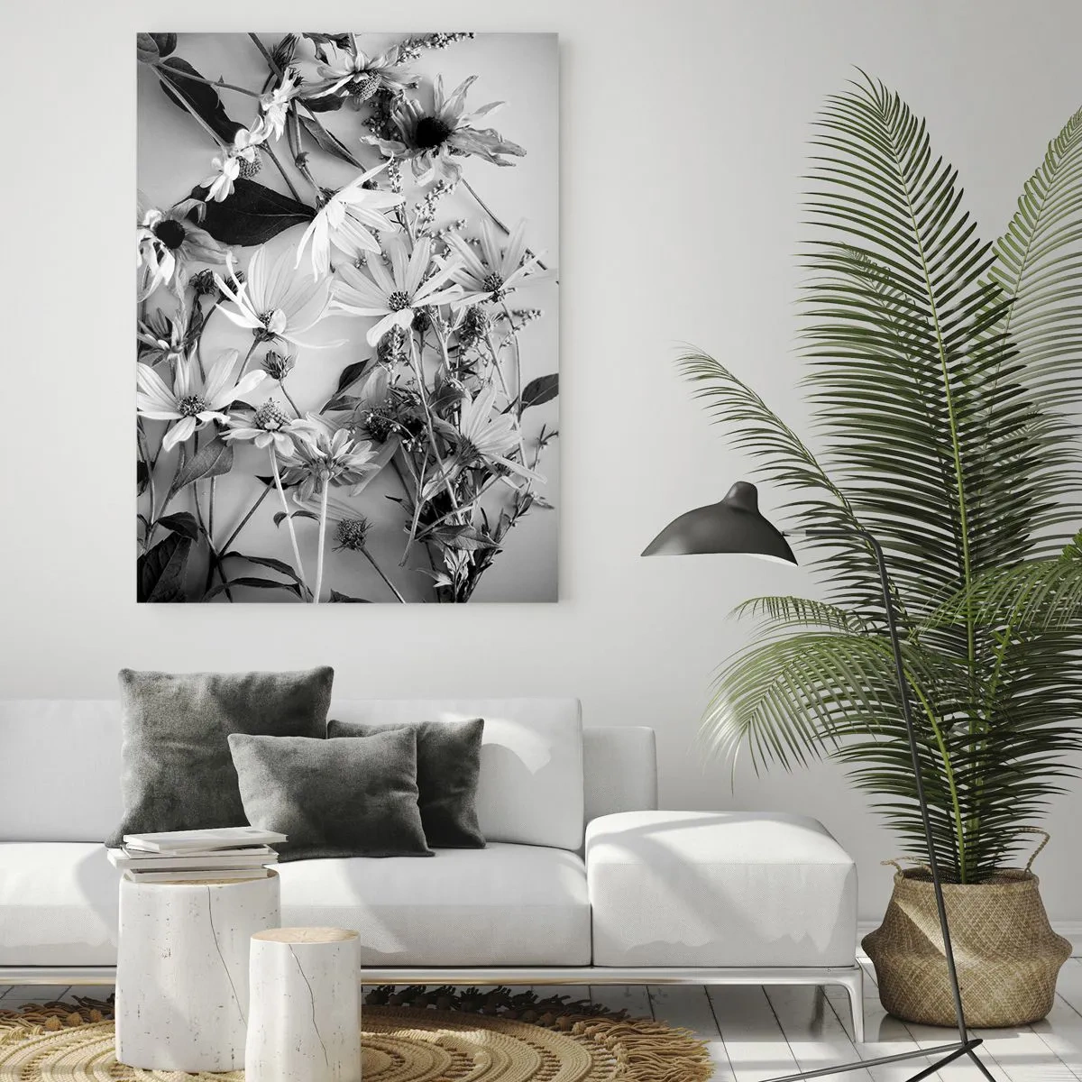 Quadro su vetro - Fiori bianchi e neri sparsi in una composizione artistica - 50x70cm - Un non bouquet di fiori - Decorazione murale moderna per soggiorno e camera da letto ARTTOR